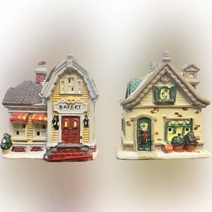 Vintage Christmas Winter Village Town Bakery House & Decorated Village House Y2K